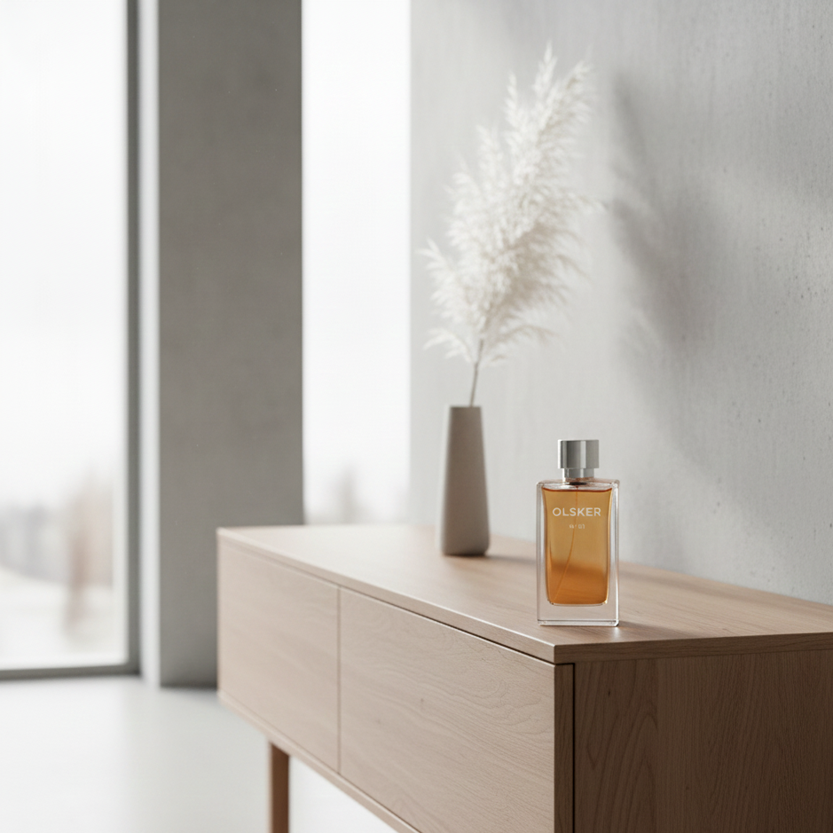 Perfume bottle on a wooden surface with a neutral background